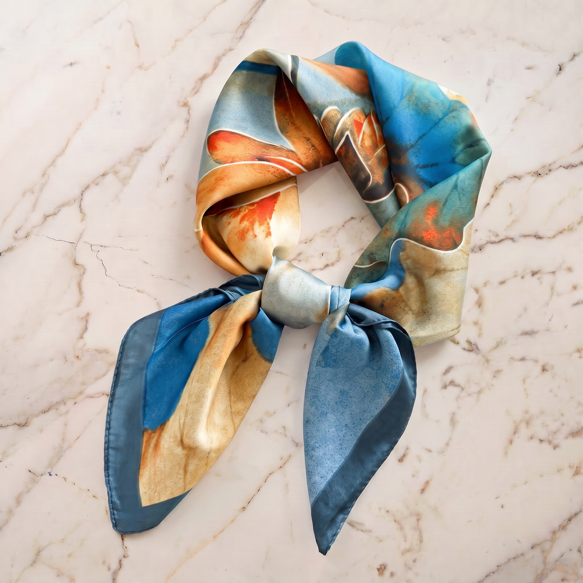 Silk Scarf Women 27x27 in Head Hair Neck Satin Luxury — Navy & Gold Floral — Painted Lilies | Bracksley