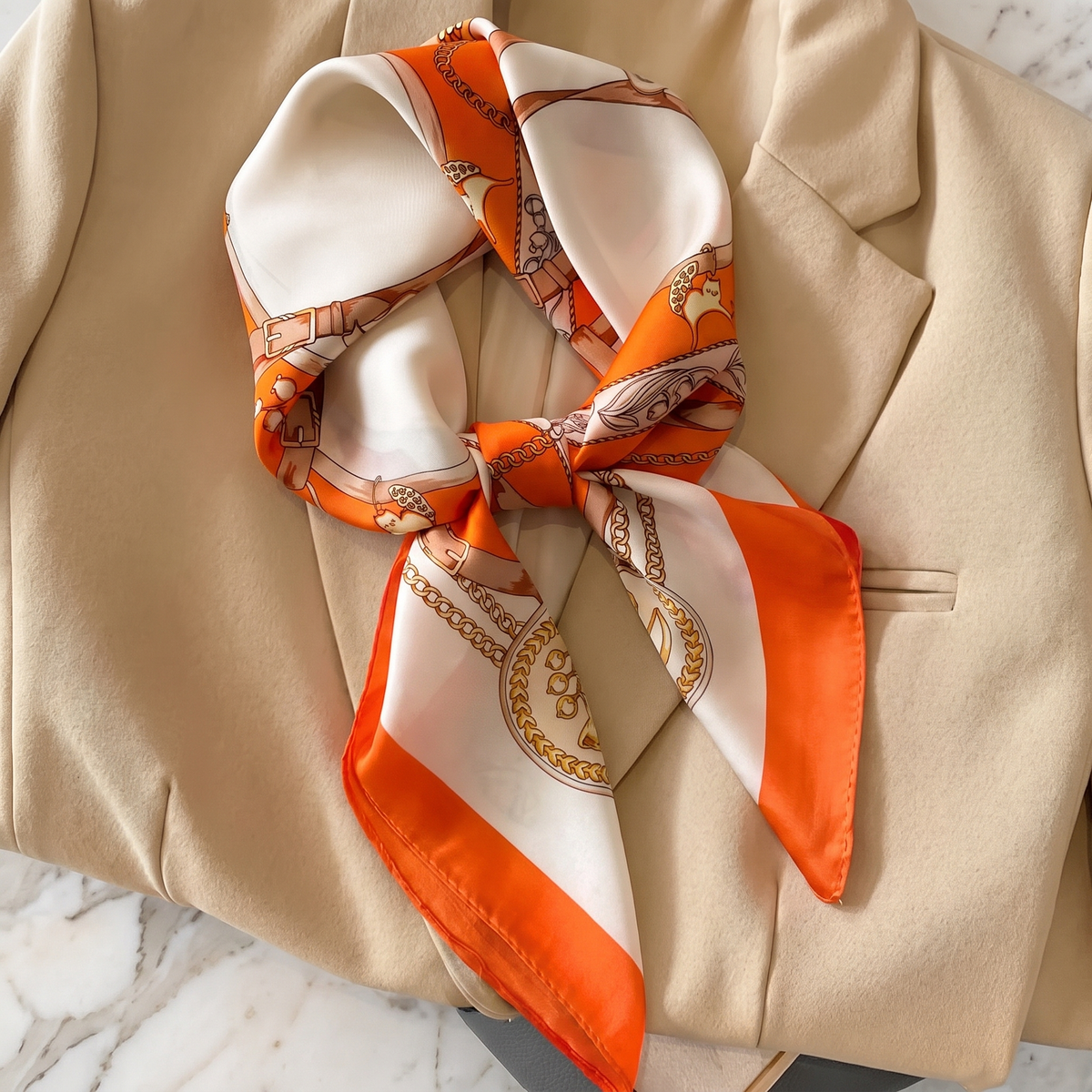 Silk Scarf Women 27x27 in Head Hair Neck Satin Luxury — Orange & Cream Baroque — Ornate Equestrian Design | Bracksley
