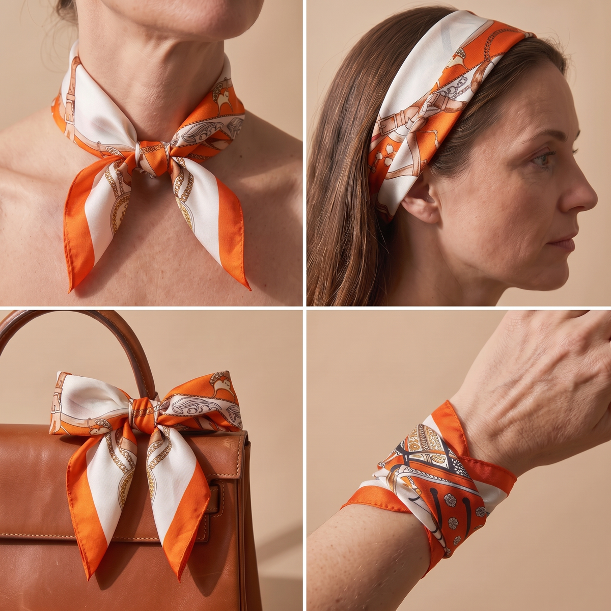 Silk Scarf Women 27x27 in Head Hair Neck Satin Luxury — Orange & Cream Baroque — Ornate Equestrian Design | Bracksley
